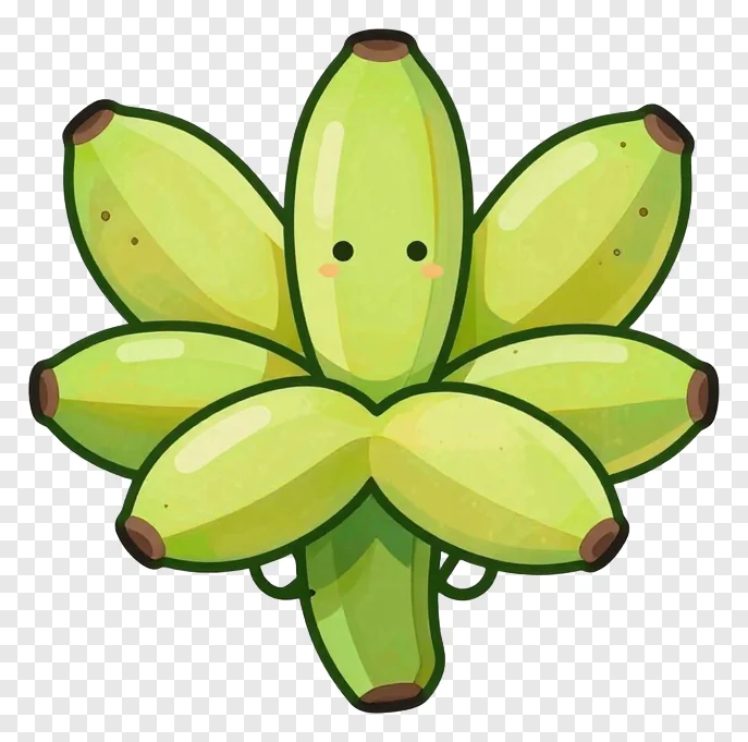 A bunch of green bananas with a cartoon face.