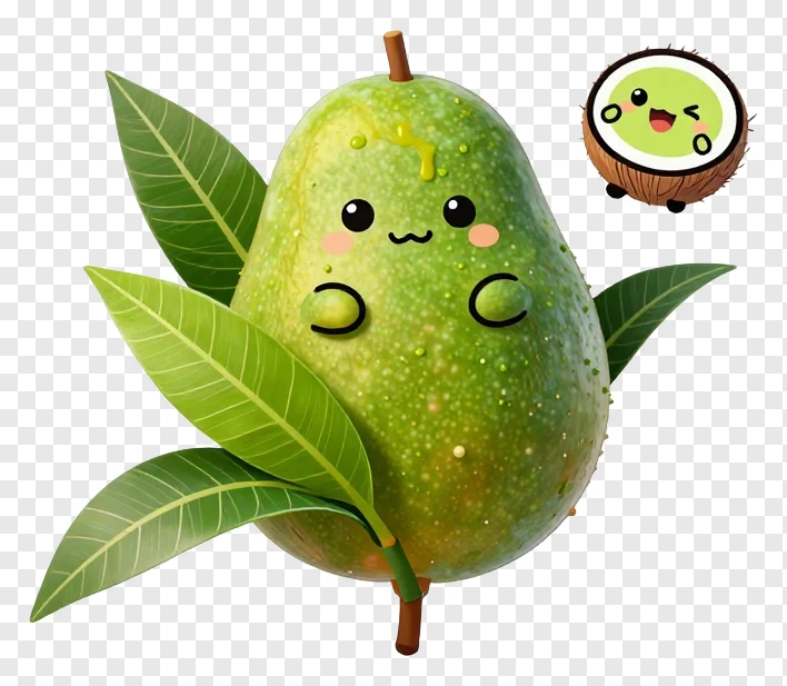 Cute animated mango surrounded by green leaves and a small happy coconut.