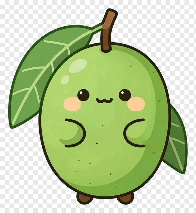 A smiling cartoon mango with leaves.