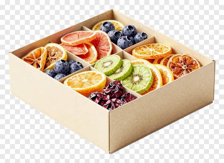 A kraft gift box filled with assorted dried fruit slices.