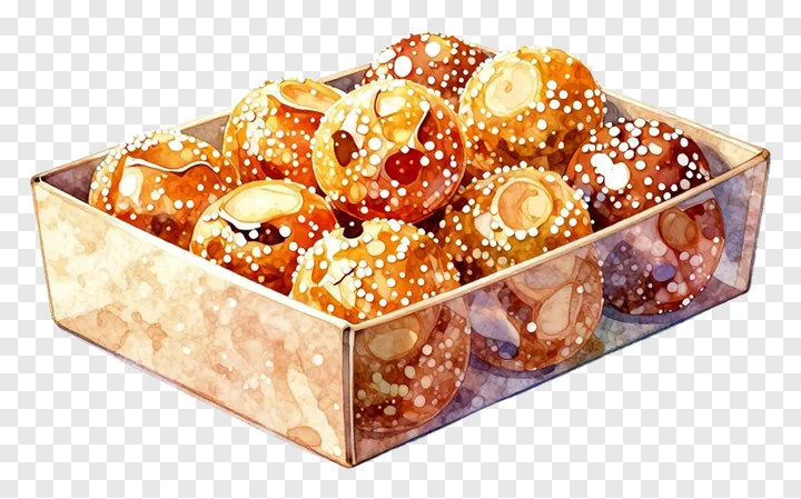 A box filled with golden ladoos topped with white sugar crystals.
