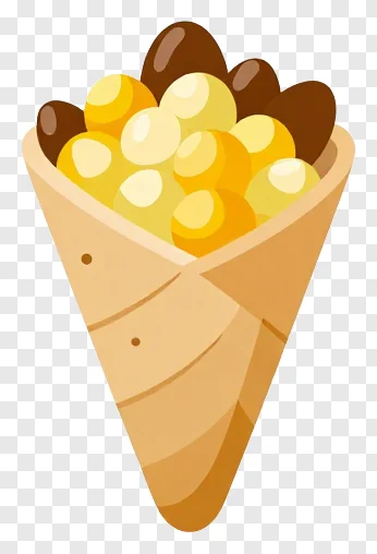 Cartoon cornucopia filled with corn kernels in a paper cone.