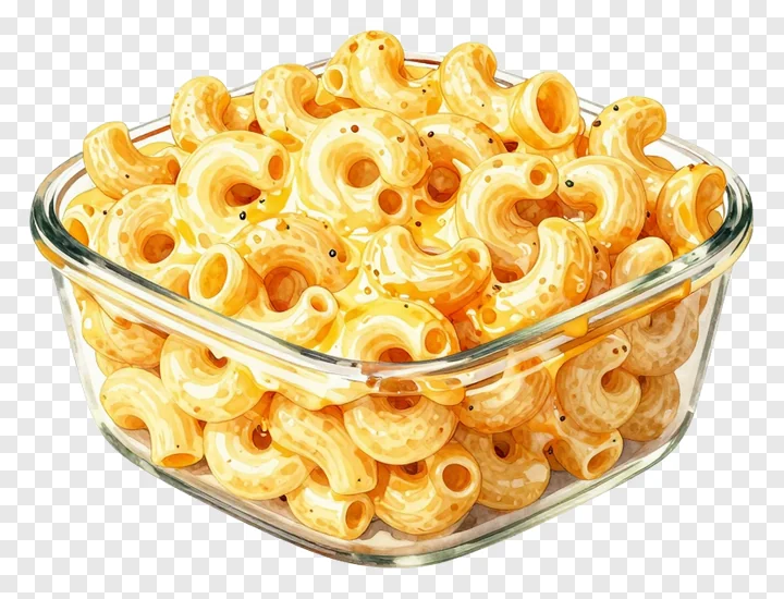 A glass bowl of macaroni and cheese.