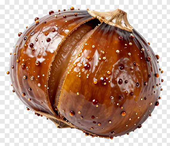 A halved chestnut covered in maple glaze and sugar pearls.