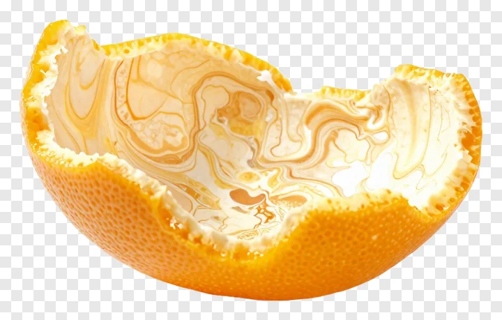Hollowed citrus peel with marbled interior.