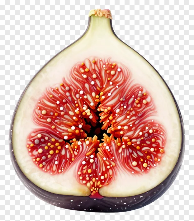 A sliced fig showing its marbled flesh.