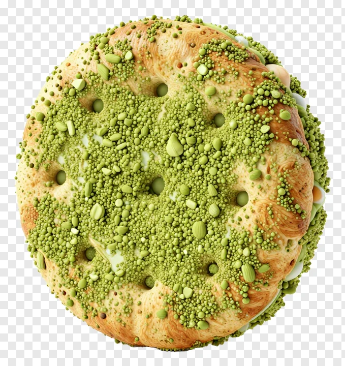Round rice cracker dusted with green matcha powder.