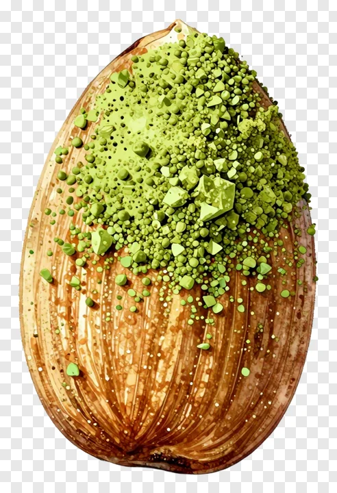 An almond covered in matcha powder.