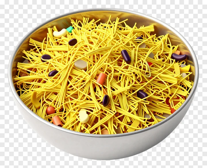 Shiny metal bowl containing yellow noodles and assorted colored beans.