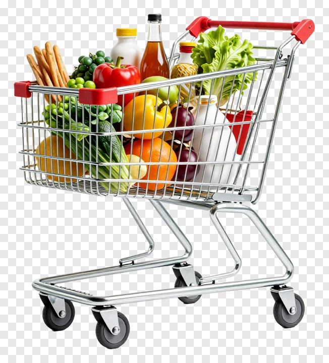 Shopping cart filled with groceries on a plain surface.