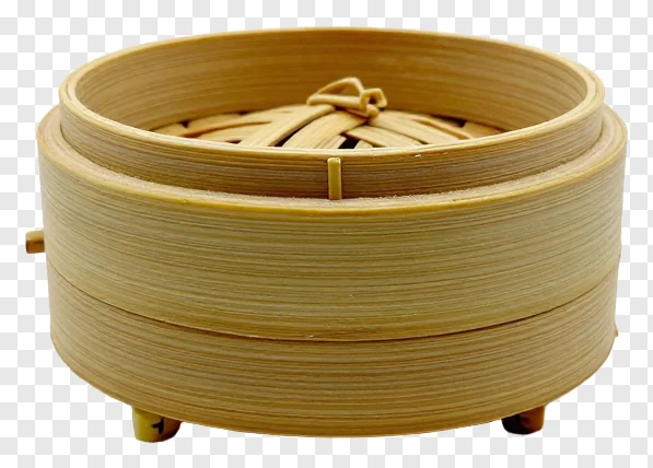 Miniature bamboo steamer basket with lid.