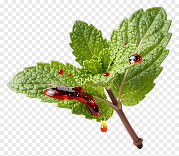 Fresh mint leaf decorated with spicy chili oil drips.