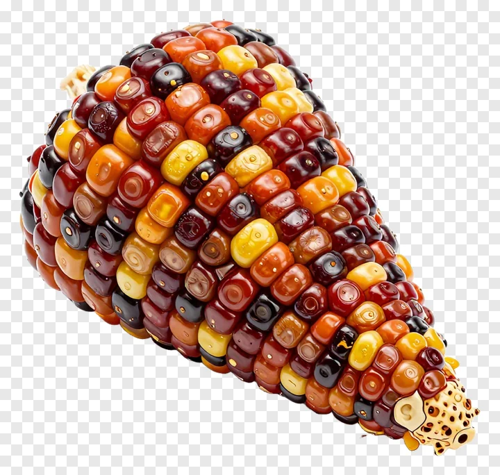 A colorful corn cob with polka-dotted kernels.