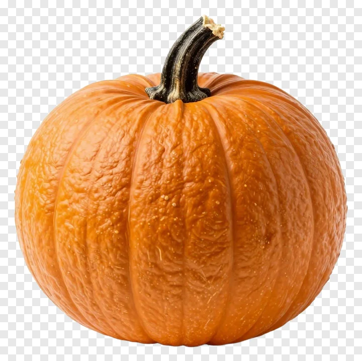 An orange pumpkin with a rugged, ribbed surface and dark stem.