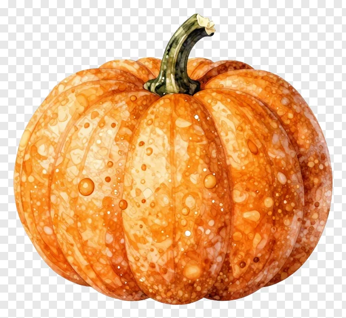 An orange pumpkin painted in watercolor with visible texture and droplets.