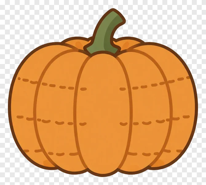 An orange pumpkin with a green stem and stitched pattern.