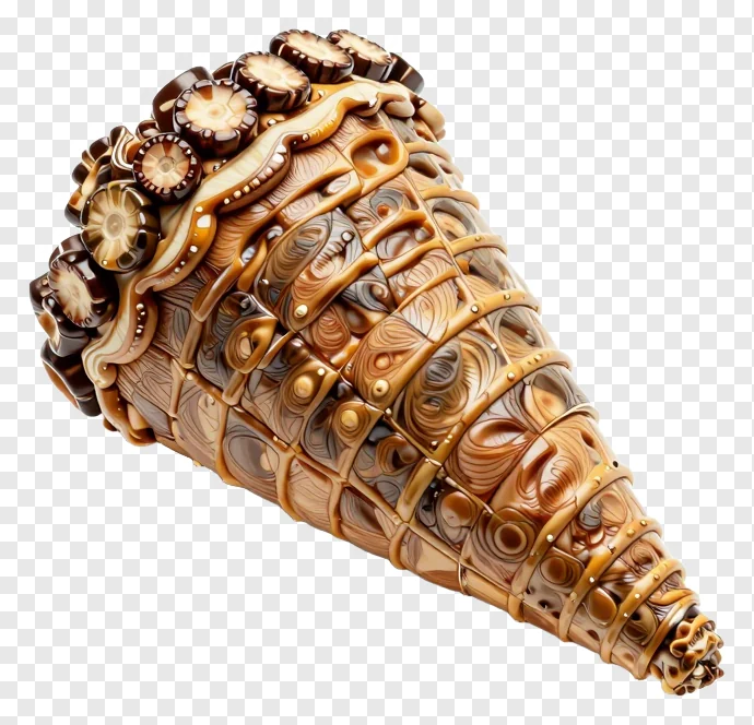An ornate brown cornucopia with intricate carvings.