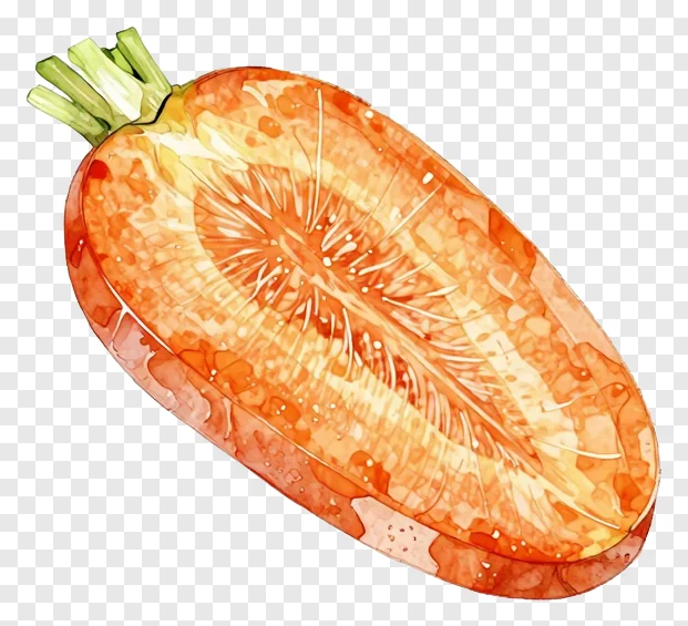 A watercolor-painted slice of pickled carrot with green stems.