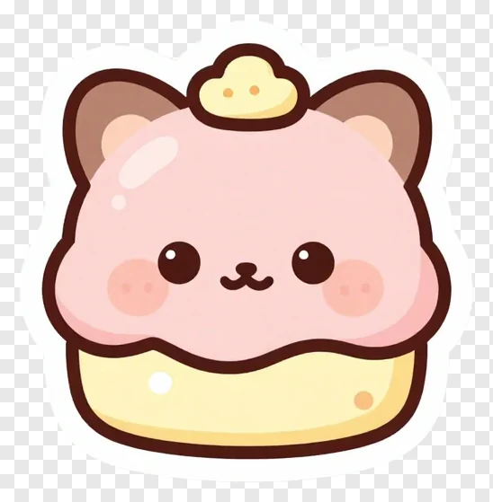 A pink cupcake with a smiling face and small ears.