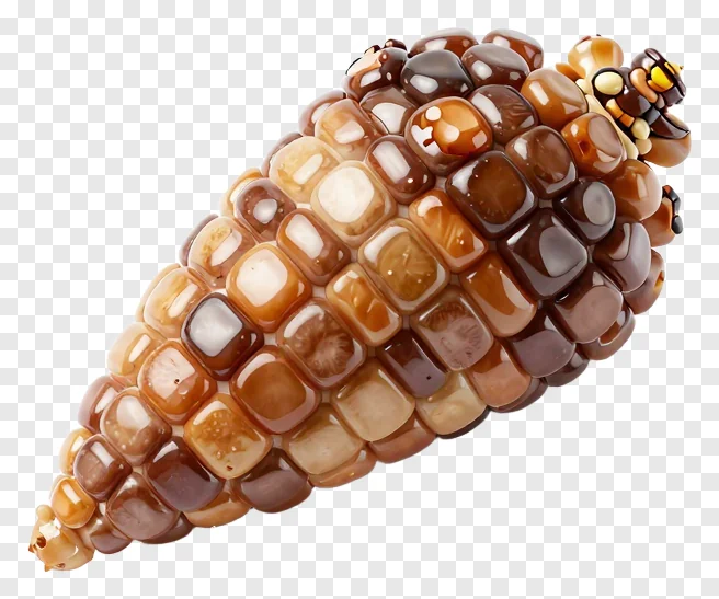 A polished corn cob with brown kernels.