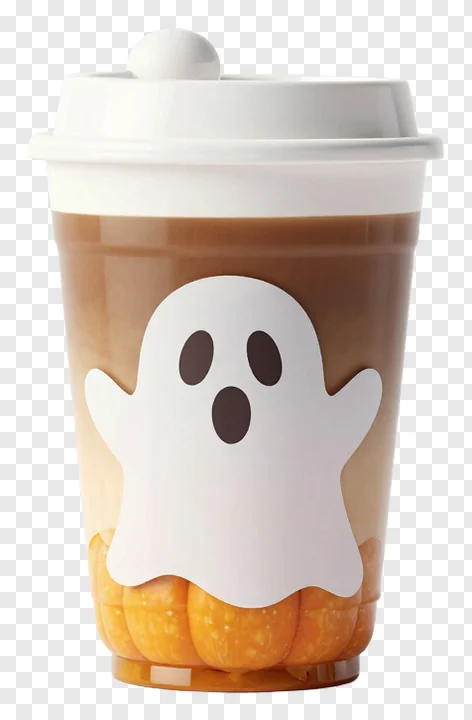 A pumpkin spice latte cup with a ghost design.