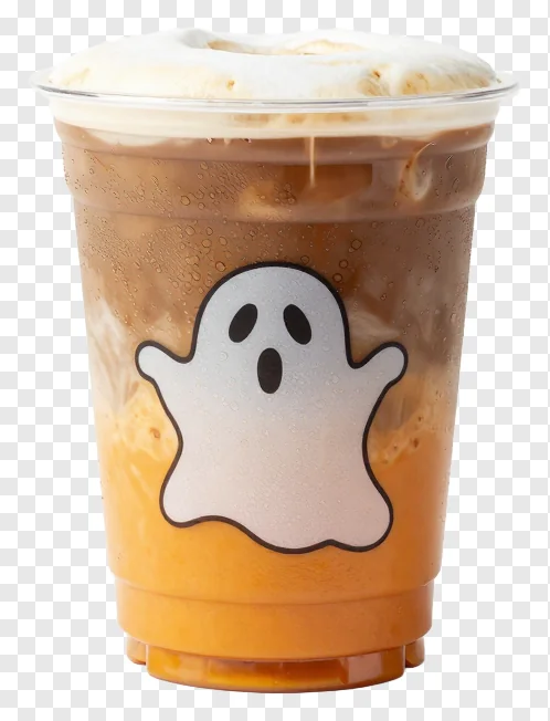 Iced pumpkin spice latte with ghost design on cup.