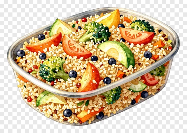 Clear bowl filled with baked quinoa and assorted fresh veggies.