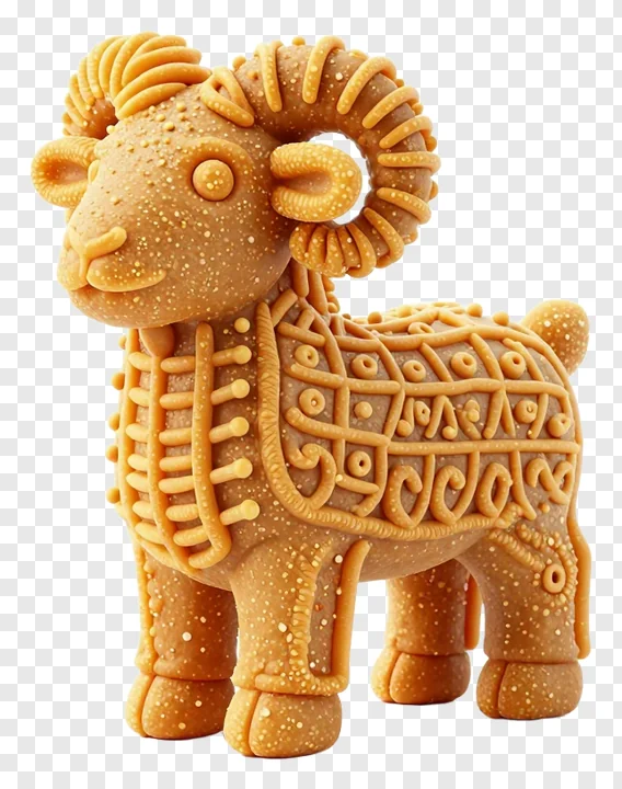 A decorative ram-shaped laddu with intricate patterns.