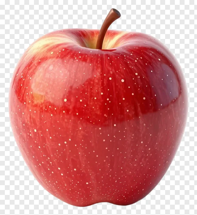 A red apple with white speckles and a stem.