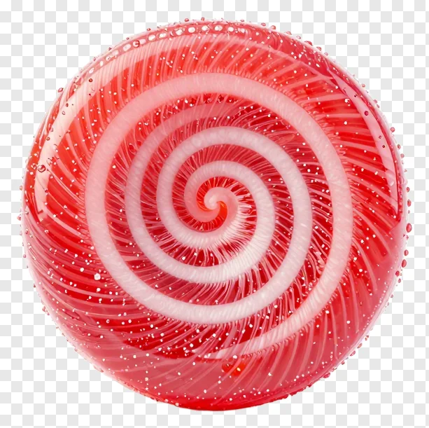A red and white spiral candy viewed from above.