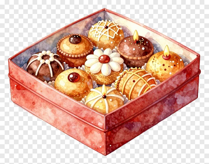 An open red box containing decorated Indian festival sweets.