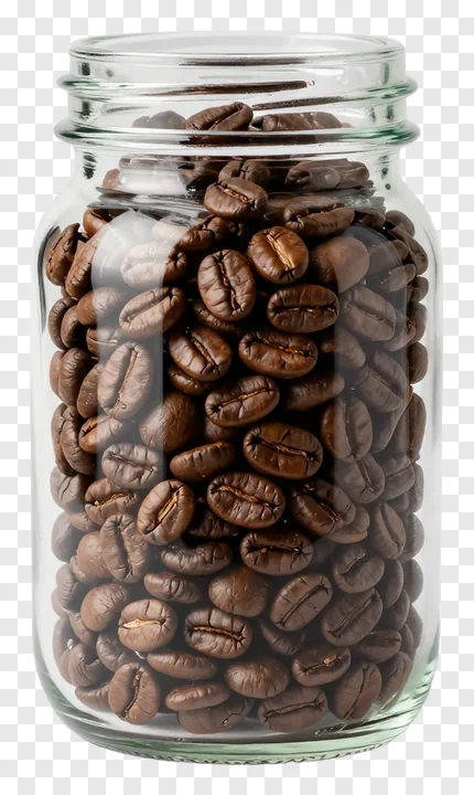 A glass jar containing roasted coffee beans.