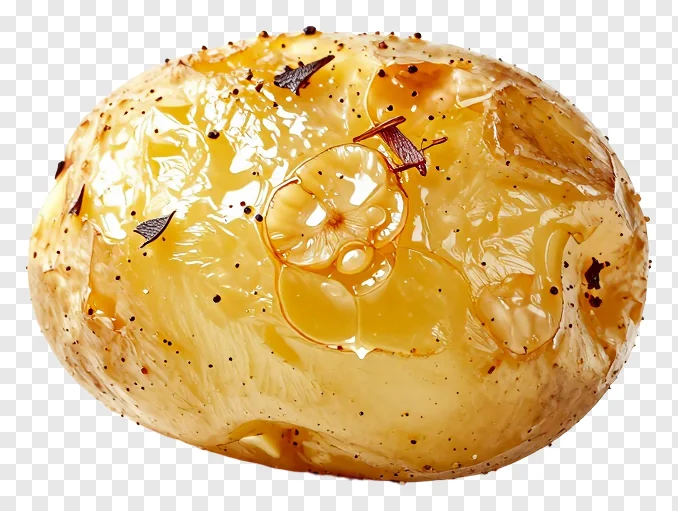 Roasted potato topped with rosemary and garlic.