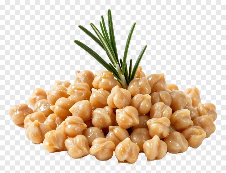 Cooked chickpeas with a rosemary sprig on top.