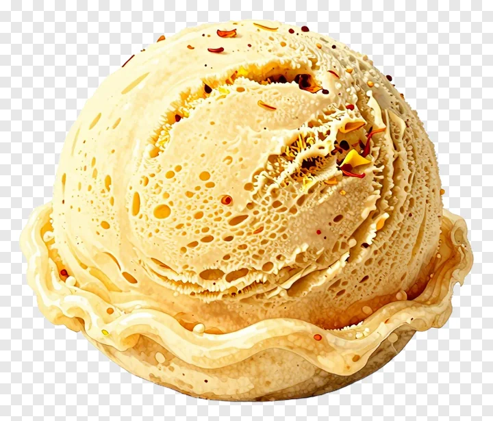 A golden kulfi ice cream scoop with saffron threads and flower garnish.