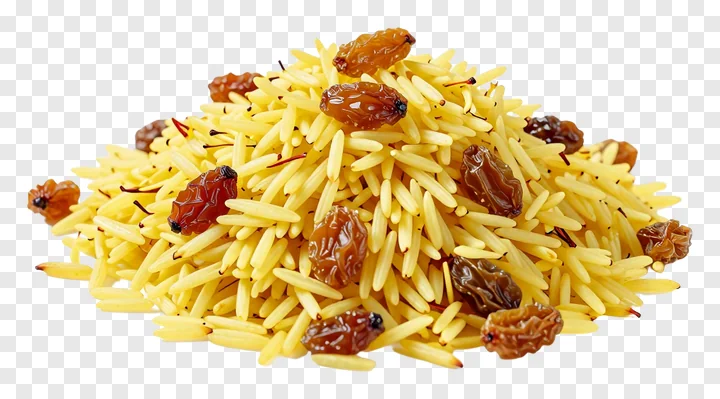 A pile of saffron rice with raisins.