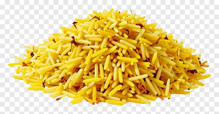 A pile of saffron-colored rice grains.