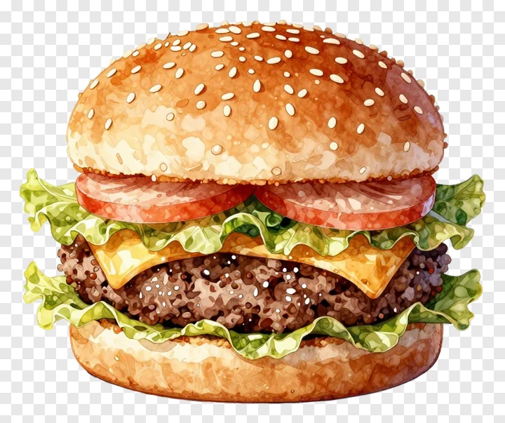 A classic burger with sesame seed bun, cheese, tomato, and lettuce.