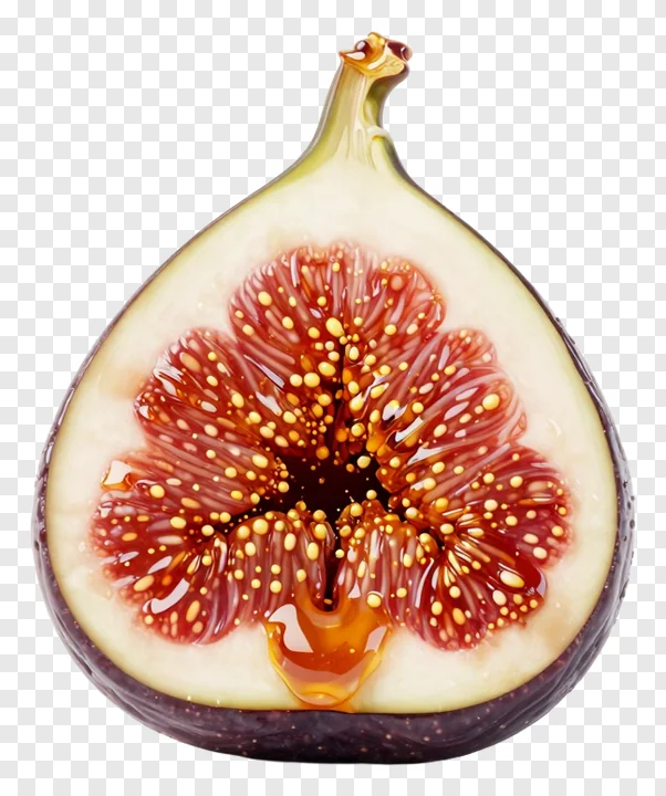 A sliced fig with honey drizzling from its center.
