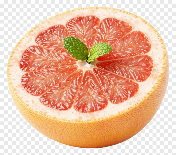 A sliced grapefruit with a mint leaf on top.