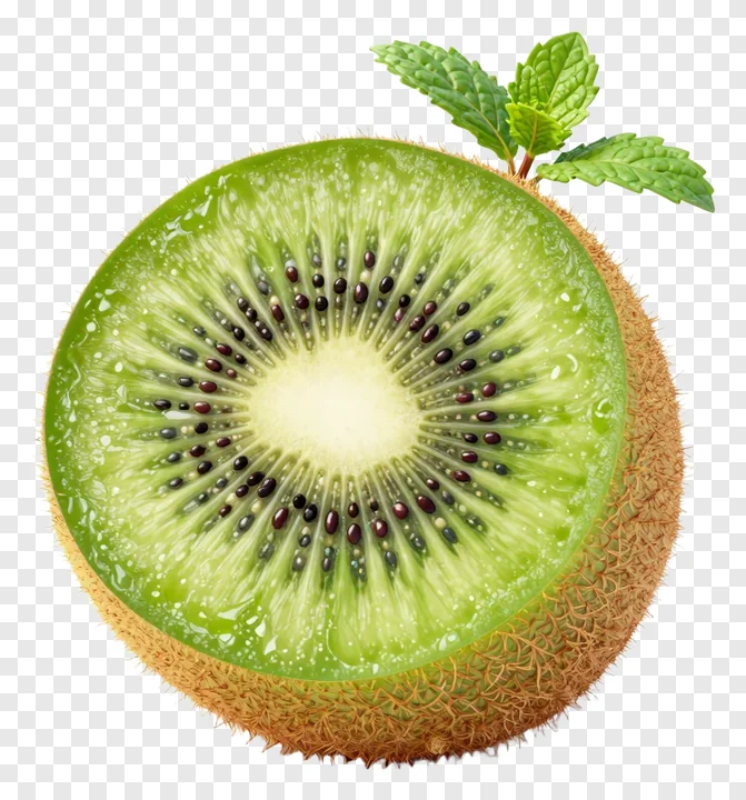 A sliced kiwi with a mint leaf on top.