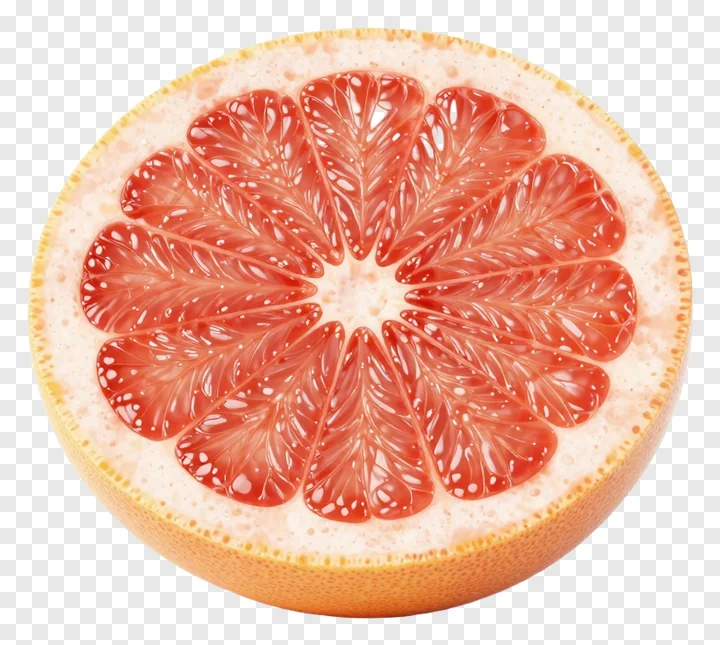 A sliced red grapefruit segment on a white background.