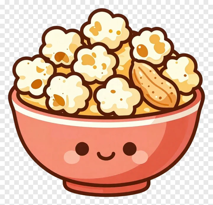 A pink bowl with a smiling face filled with popcorn and peanuts.