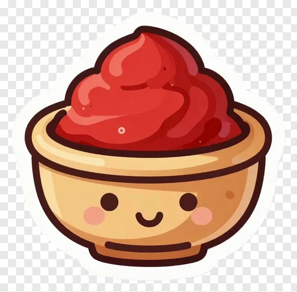 A cute cartoon bowl with a smiling face filled with red sindoor khela.