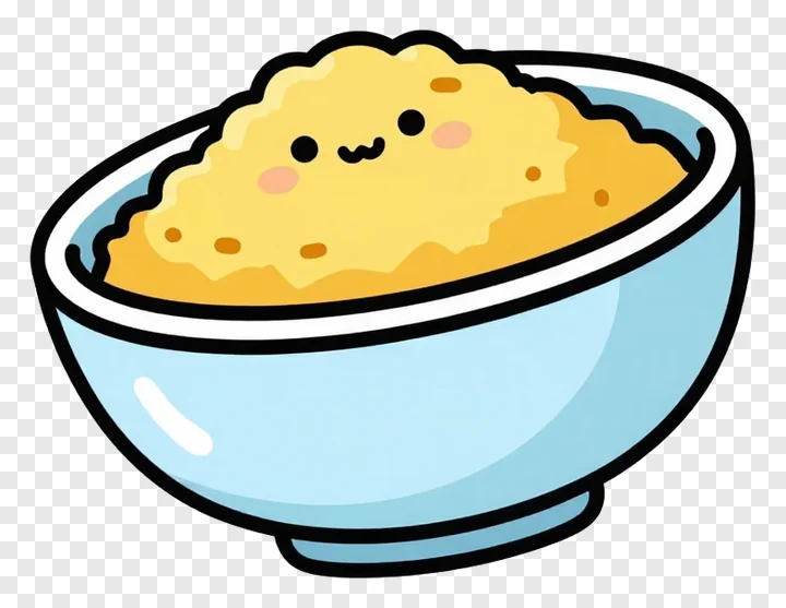 A cartoon-style bowl of rice with a smiling face.