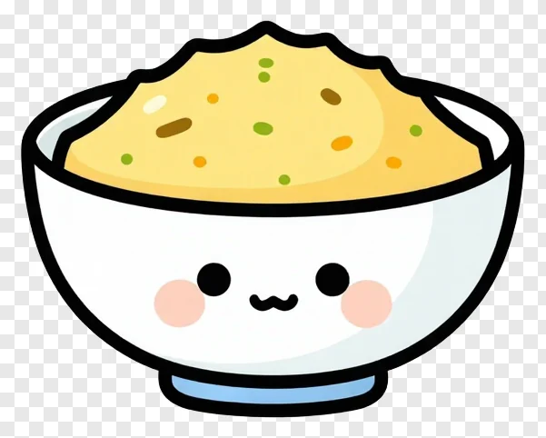 A smiling bowl of rice with colorful toppings.