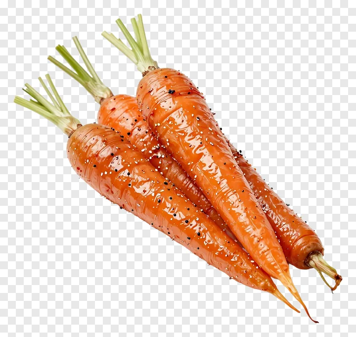 Three roasted carrots with green tops and seasoning.