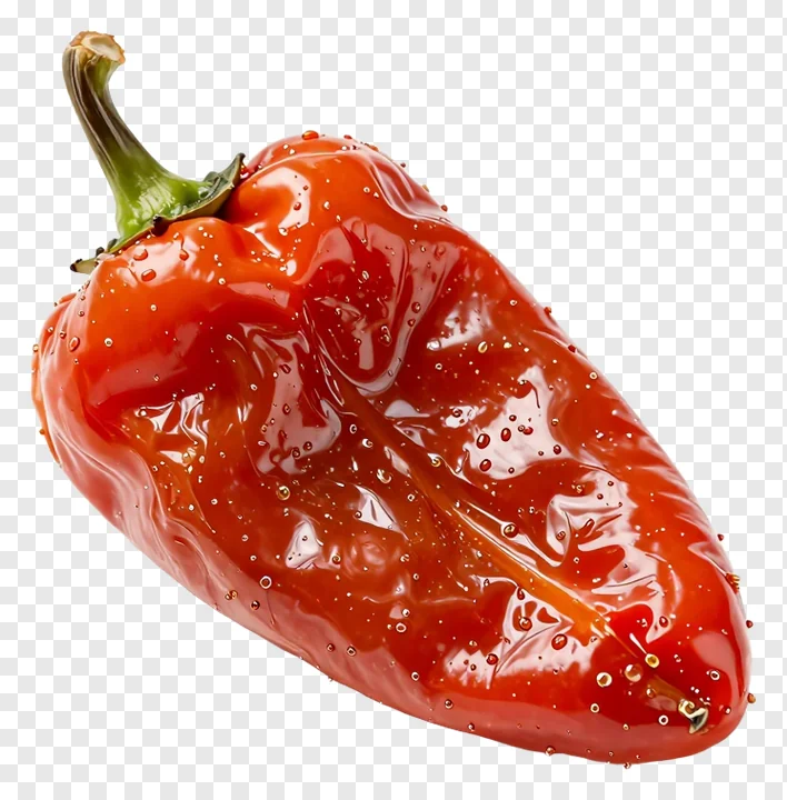 A roasted red pepper with a green stem.