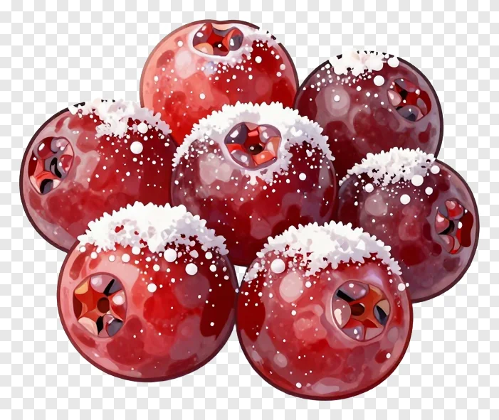 Red cranberries covered in snow.