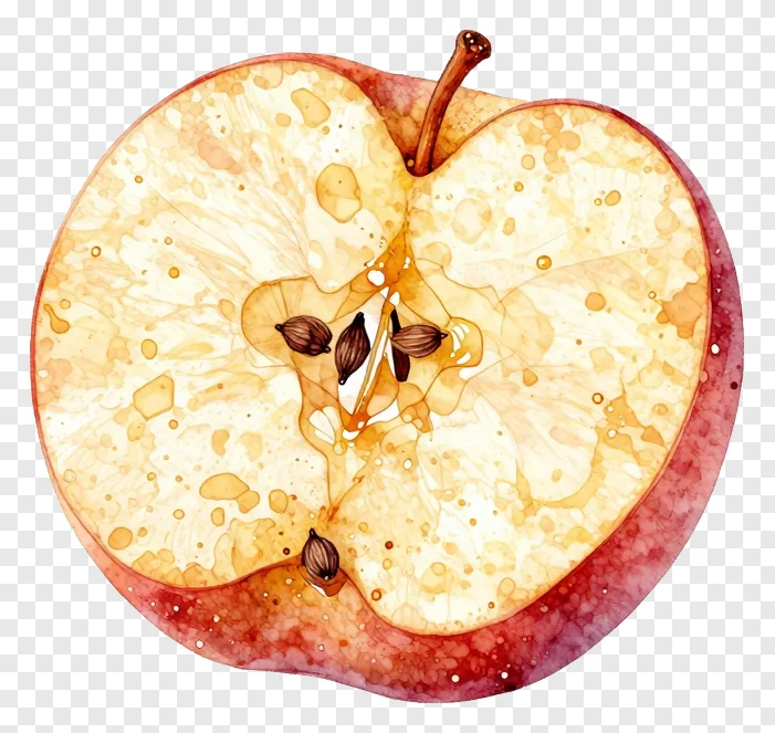 A watercolor painting of a sliced apple with seeds.